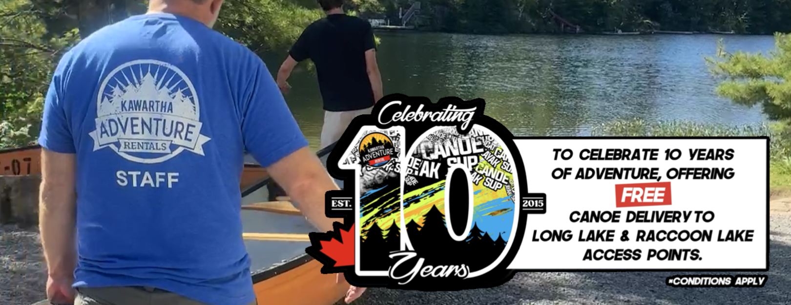 Kawartha Adventure Rentals Ten years - Free delivery staff unloading canoe at Long Lake access point in Kawartha Highlands” “10-year anniversary of Kawartha Adventure Rentals
