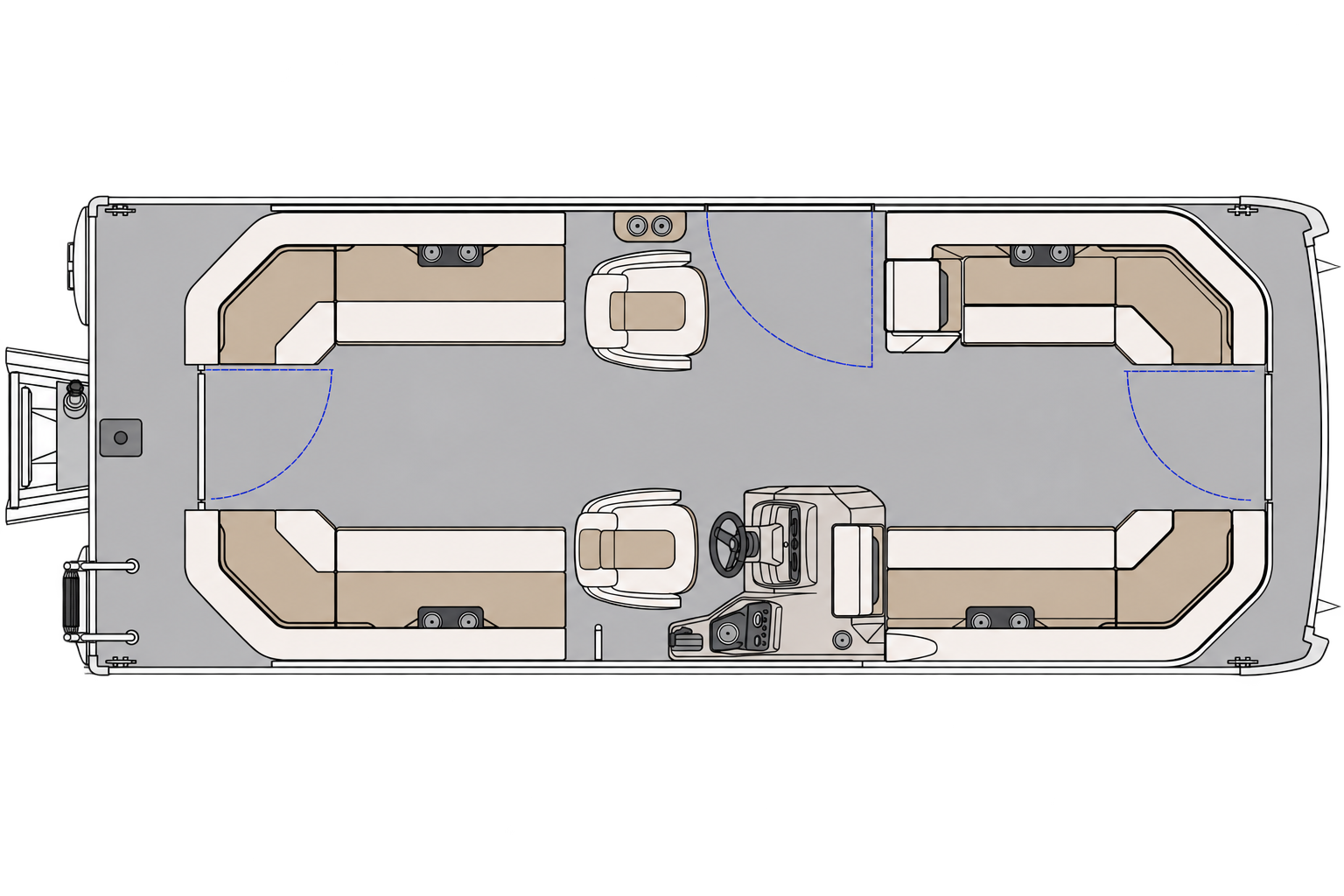 Top-down floor plan of the Princecraft Vectra 23 rental pontoon, showing four lounge seating areas, two chairs and the helm.