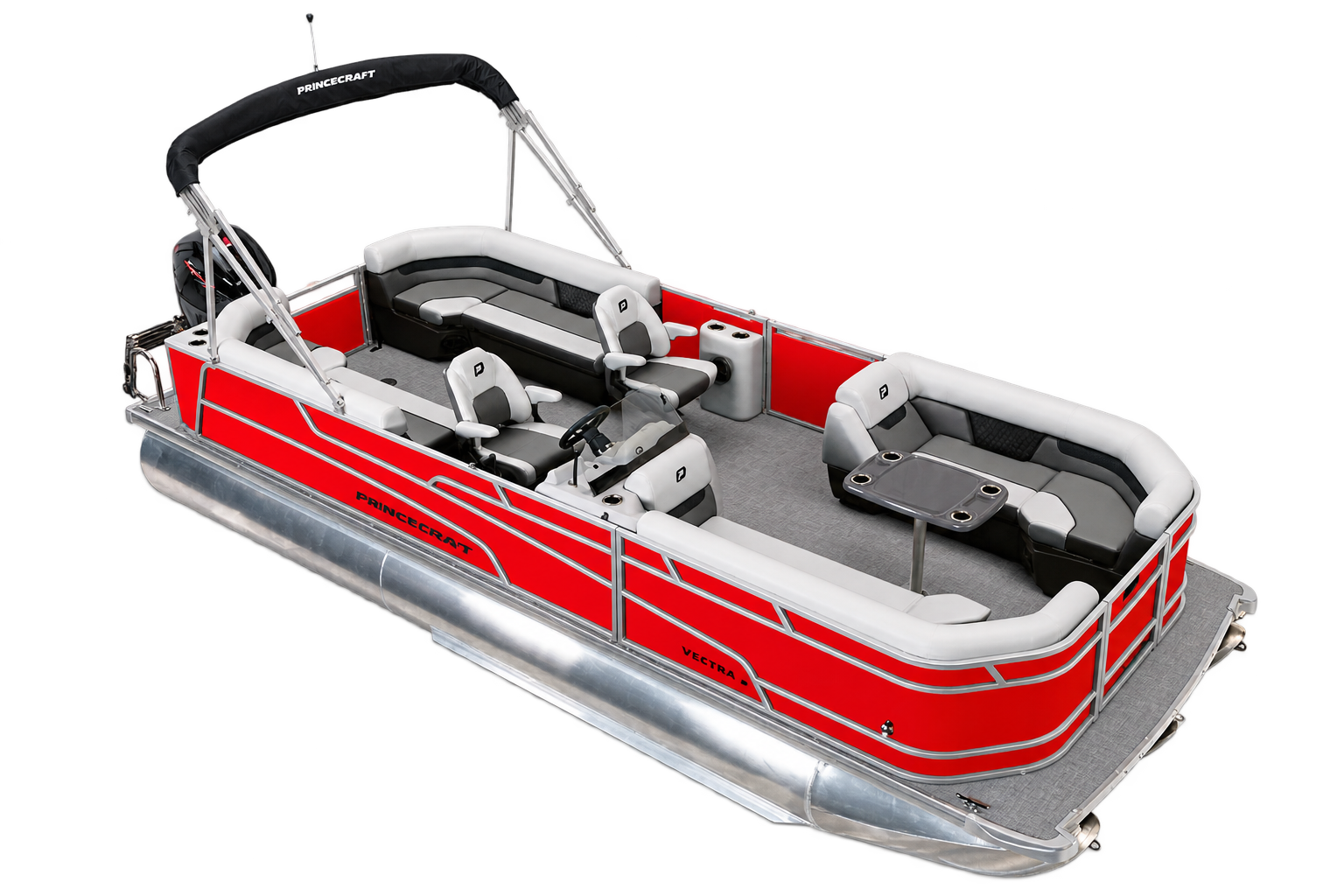 Red Princecraft Vectra 23 pontoon boat available for rental from Kawartha Adventure Rentals.